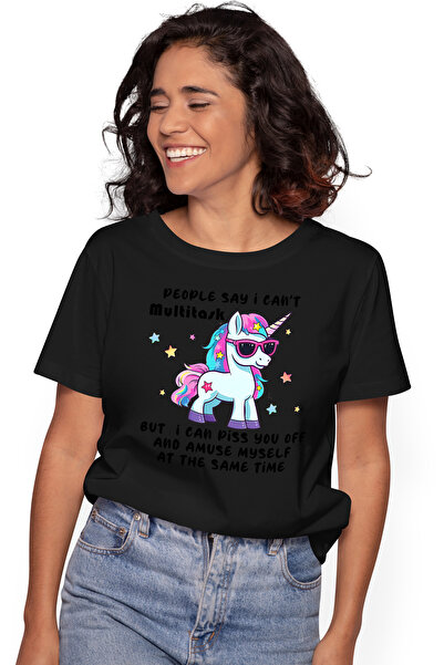 StoryGift Romania Tricou Femei cu un unicorn cu ochelari, ilustratie, mesajul "People say I can't BLK_L