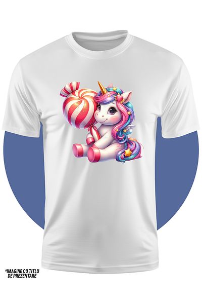 StoryGift Romania Tricou Copii Cu Un Unicorn Care Are O Bomboana, Ilustratie, Dulce, Imbujorata, Stelute, Pe