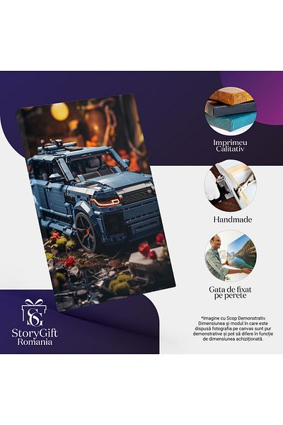 StoryGift Romania Canvas Painting: Blue Lego Land Rover Model Car Surrounded by Red Roses