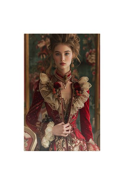StoryGift Romania Tablou Canvas Domnita Tanara Blonda Cu Cercei Si Parul Blond Imbracata In Rochie Rosie Cu Tran