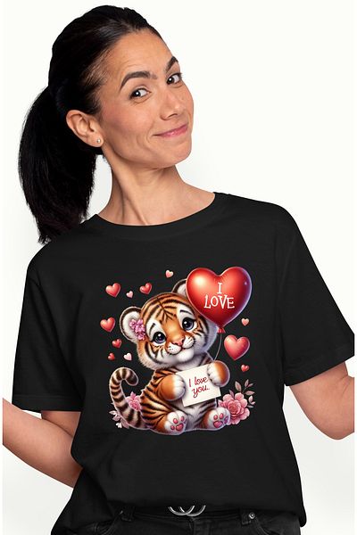 StoryGift Romania Women's T-shirt with a tiger cub holding a heart-shaped balloon, illustration BLK_L