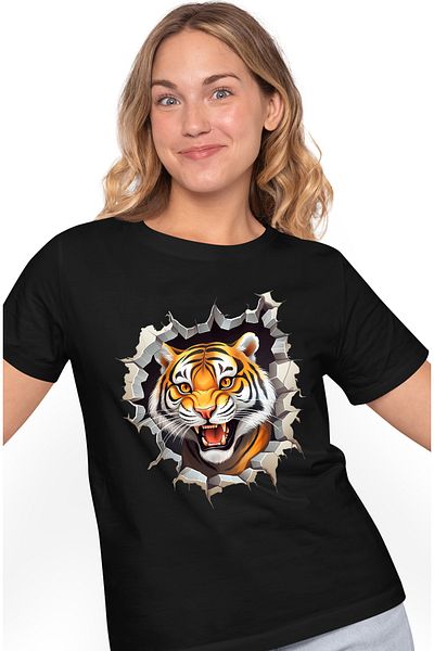 StoryGift Romania Women's T-shirt with an aggressive tiger sticking its head out of a wall, illustration, fu BLK_L