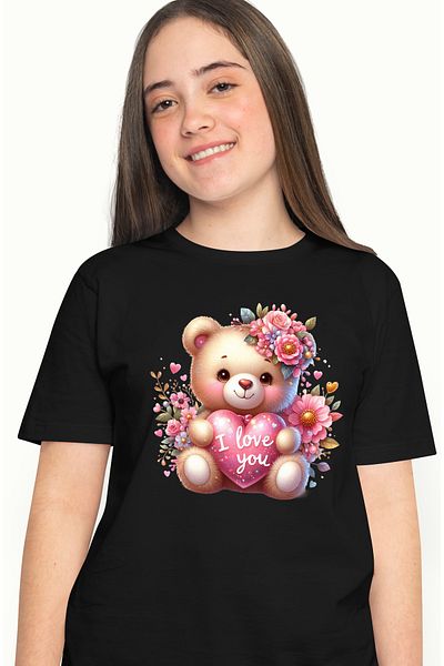 StoryGift Romania Tricou Femei cu un ursulet de plus care tine o inima in brate cu mesajul "I love BLK_L