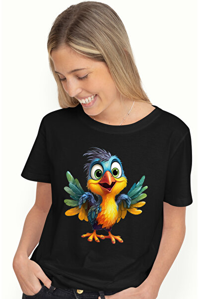 StoryGift Romania Tricou Femei cu o pasare vesela, ilustratie, pene divers colorate, jucausa, pent BLK_M