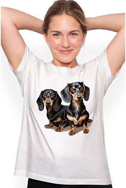 StoryGift Romania Tricou Femei cu 2 catei Dachshund, ilustratie, bucurie, cur...