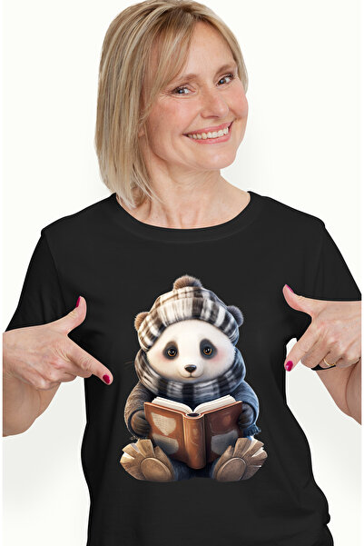 StoryGift Romania Tricou Femei cu un urs Panda care tine o carte deschisa, il...
