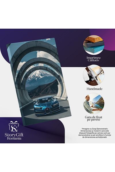 StoryGift Romania Tablou Canvas Bugatti Albastru Metalizat Sub Arcade Din Piatră - Fundal Cu Munte Înzăpezit , Pi