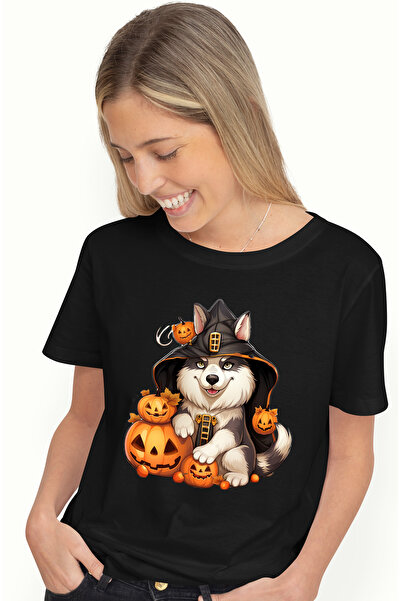 StoryGift Romania Tricou Femei cu un caine Malamut de Alaska, ilustratie, gluga, Halloween, dovlec BLK_L