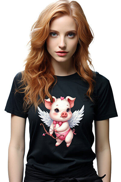 StoryGift Romania Tricou Femei cu un purcelus Cupidon, ilustratie, trage cu arcul, aripi, indragos BLK_L