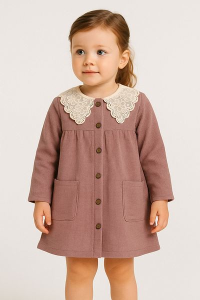 Nimini Kids Rochie de fetiță din țesătură cu vafe cu nasturi, cu guler din dantelă, de epocă Eid (mărimi pentru vârste între 2-8 ani)