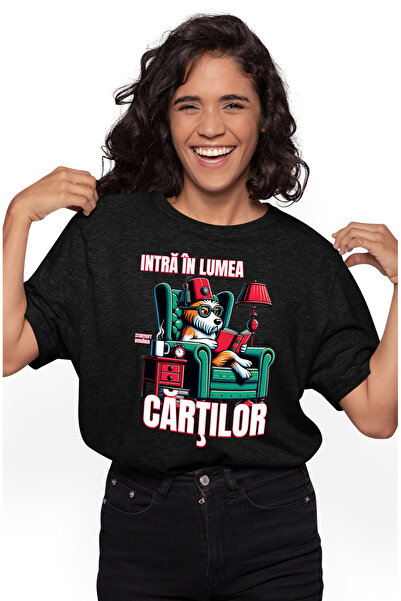 StoryGift Romania Tricou Femei caine intelectual citind carte intra in lumea cartilor cu imprimeu BLK_M