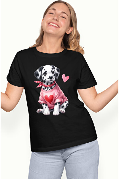 StoryGift Romania Tricou Femei cu un catelus Dalmatian, vesel, ilustratie, bl...