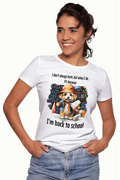 StoryGift Romania Tricou Femei cu un catel vesel care s-a intors la scoala, ilustratie, animal de WHT_L