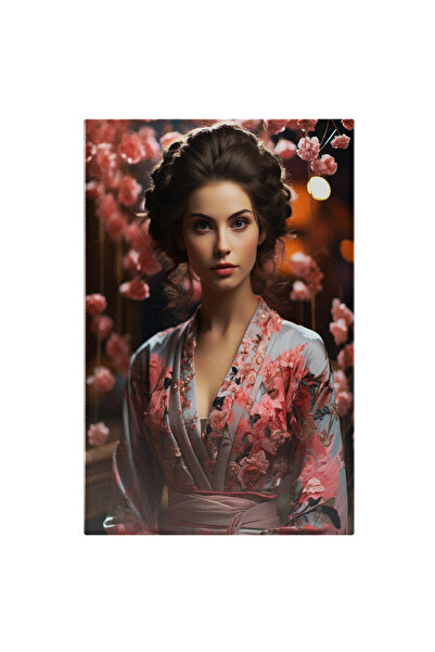 StoryGift Romania Tablou Canvas: Portret Fata Cu Tinuta Traditionala Asiatica Roz Cu Parul Impletit Pictura Digit