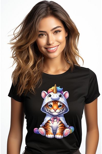 StoryGift Romania Women's T-shirt with a tiger in a unicorn costume, illustration, for children, playful, BLK_M