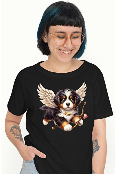 StoryGift Romania Tricou Femei cu un catelus blanos Cupidon, ilustratie, trage cu arcul, Valentine BLK_L