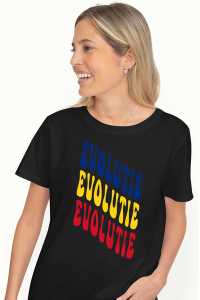 StoryGift Romania Tricou Femei Cuvantul Evolutie, in Culorile Steagului Romaniei, Rosu, Galben, Al BLK_M