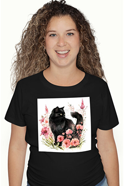 StoryGift Romania Tricou Femei cu o pisica neagra, ilustratie, floricele, roz...