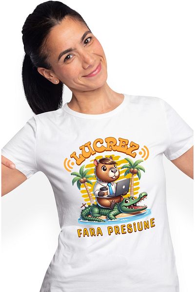 StoryGift Romania Tricou Femei lucrez fara presiune animal cu camasa si cravata pe insula lucrez d WHT_M