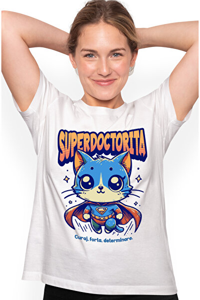 StoryGift Romania Tricou Femei Super Doctorita, SuperErou, Pisica Zburand, cu imprimeu pe Fata, 1 WHT_L