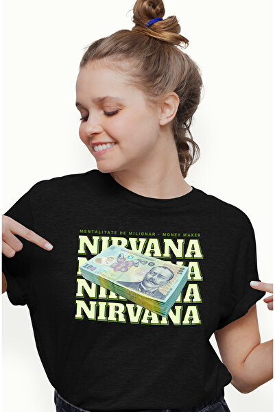 StoryGift Romania Tricou Femei Nirvana - 100 Lei Romanesti, cu imprimeu pe Fa...