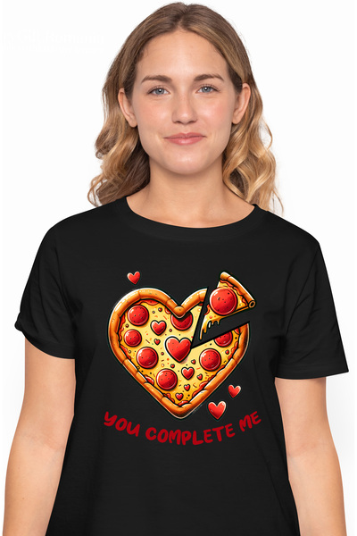 StoryGift Romania Tricou Femei cu pizza in forma de inima cu mesajul "You complete me", tu ma comp BLK_M