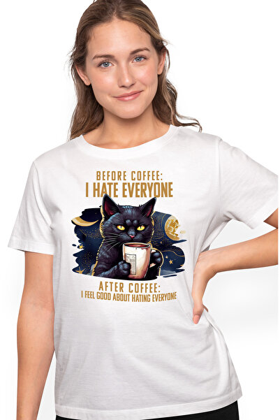 StoryGift Romania Tricou Femei cu o pisica neagra care tine o ceasca cu cafea...