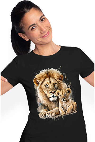 StoryGift Romania Tricou Femei cu un leu si cu puiul sau, ilustratie, iubire paterna, grija, prote BLK_L