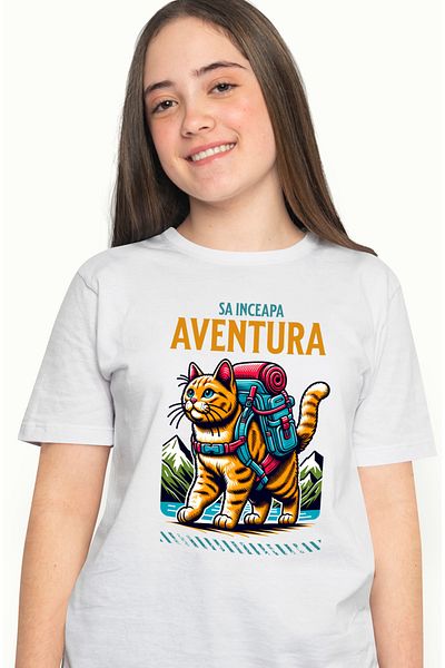 StoryGift Romania Tricou Femei sa inceapa aventura, motan cu rucsac, pisica curajoasa, adrenalina WHT_L