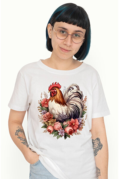 StoryGift Romania Tricou Femei cu un cocos, ilustratie, serios, alb, floricel...