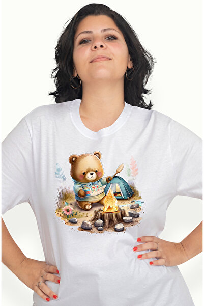 StoryGift Romania Tricou Femei cu un ursulet care gateste, ilustratie, foc, pietre, cort, padure, WHT_L