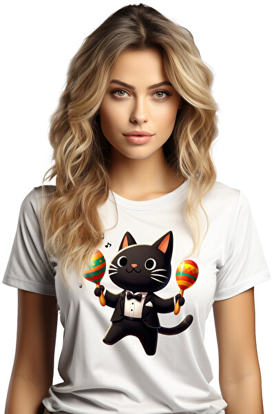 StoryGift Romania Tricou Femei cu o pisica neagra la costum care canta la maracas, ilustratie, ins WHT_L