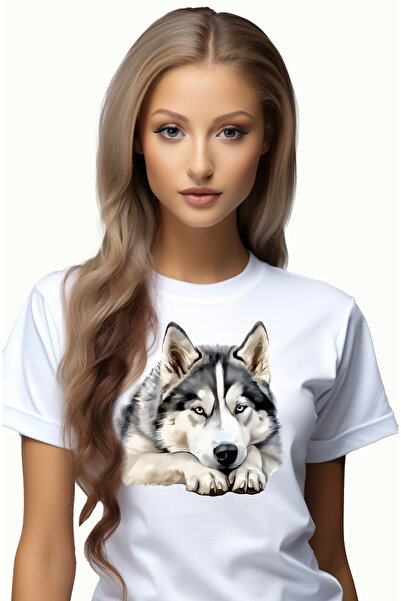 StoryGift Romania Tricou Femei cu un caine Husky care sta degeaba, intins, ilustratie, lenevire, p WHT_L