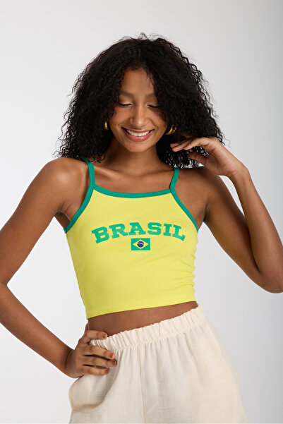 3 ROPE Κίτρινη Brasil Vintage λουράκι Crop μπλούζα