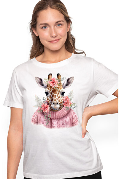 StoryGift Romania Tricou Femei cu o girafa imbracata gros, lana, floricele, r...