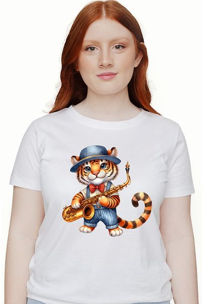 StoryGift Romania Women's T-shirt with a cheerful tiger cub holding a saxophone, illustration, concert, WHT_L