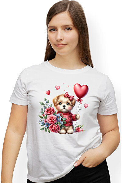 StoryGift Romania Tricou Femei cu un catelus timid, ilustratie, imbujorat, trandafiri, flori, balo WHT_L