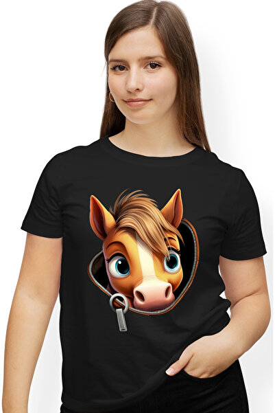 StoryGift Romania Tricou Femei cu un ponei care scoate capul dintr-un buzunar, ilustratie, fermoar BLK_L