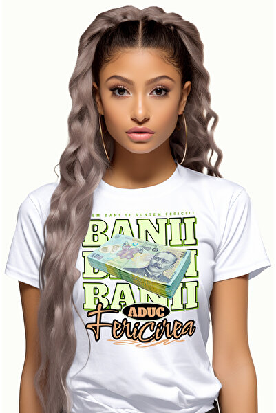 StoryGift Romania Tricou Femei Banii Aduc Fericirea - Tean de 100 LEI Romanes...