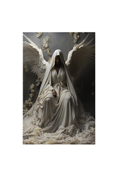 StoryGift Romania Tablou Canvas: Portret Doamna În Alb Cu Aripi De Înger Și Flori Pe Perete Pictura Digitala