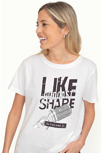 StoryGift Romania Tricou Femei microfon de pdcast like ands share discutii cu imprimeu pe Fata, 10 WHT_L
