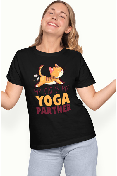StoryGift Romania Tricou Femei cu pisicuta care se intinde cu mesajul "My cat is my yoga partner", BLK_L