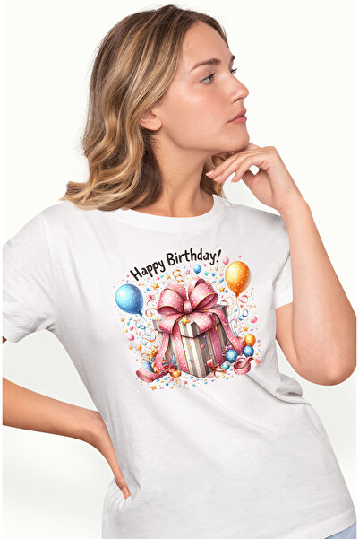 StoryGift Romania Tricou Femei cu un cadou, ilustratie, mesajul "Happy birthday", ilustratie, la m WHT_L