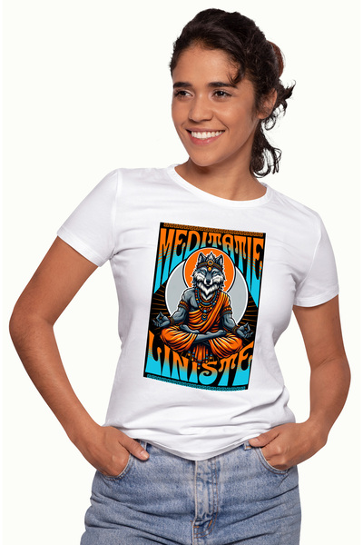 StoryGift Romania Tricou Femei Meditatie si Liniste - Lupul facand Yoga, cu imprimeu pe Fata, 100 WHT_L