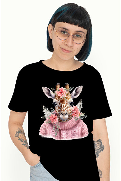 StoryGift Romania Tricou Femei cu o girafa imbracata gros, lana, floricele, r...
