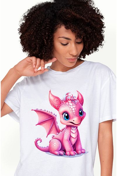 StoryGift Romania Tricou Femei cu un pui de dragon, ilustratie, roz, solzi, curios, vesel, jucaus, WHT_L