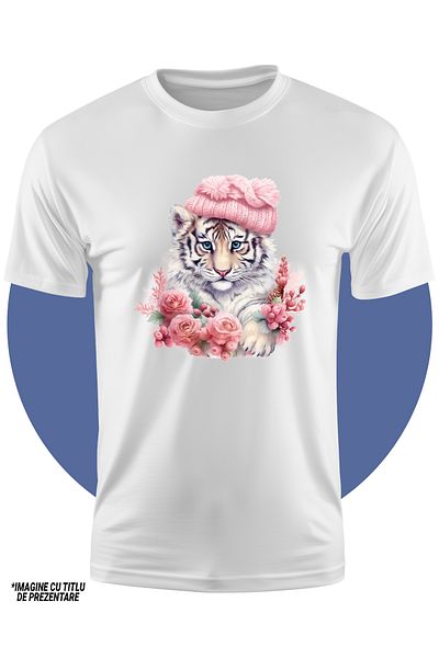 StoryGift Romania Tricou Copii Cu Un Pui De Tigru Cu Caciula, Ilustratie, Floricele, Natura, Frig, Roz, Pent