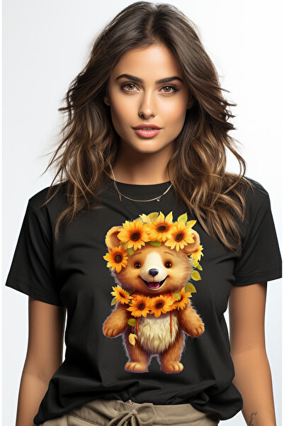 StoryGift Romania Tricou Femei cu un ursulet care are multe flori in jurul ca...