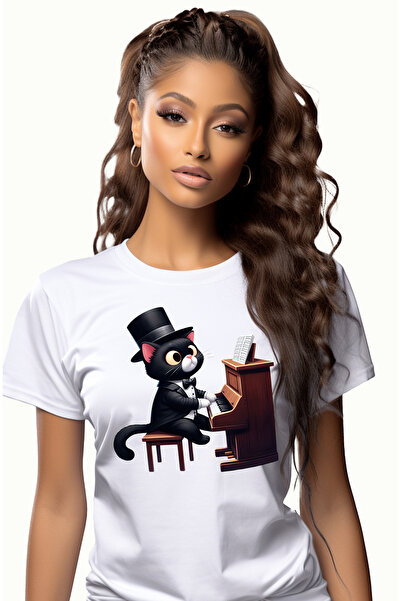 StoryGift Romania Tricou Femei cu o pisica neagra care canta la pian, ilustratie, mirata, note muz WHT_L