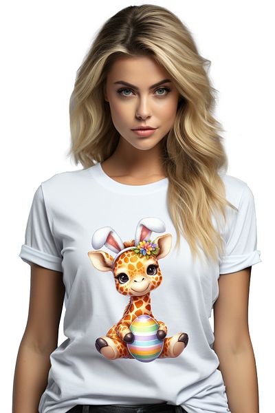 StoryGift Romania Women's T-shirt with a giraffe, illustration, rabbit ears, egg, cheerful, happy, j WHT_L